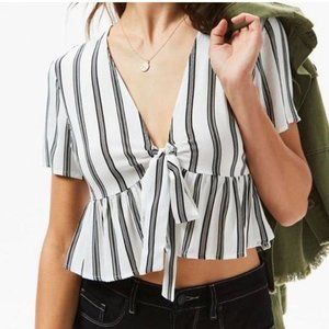 Pacsun White and Black Stripe Tie Front Top in Size Small